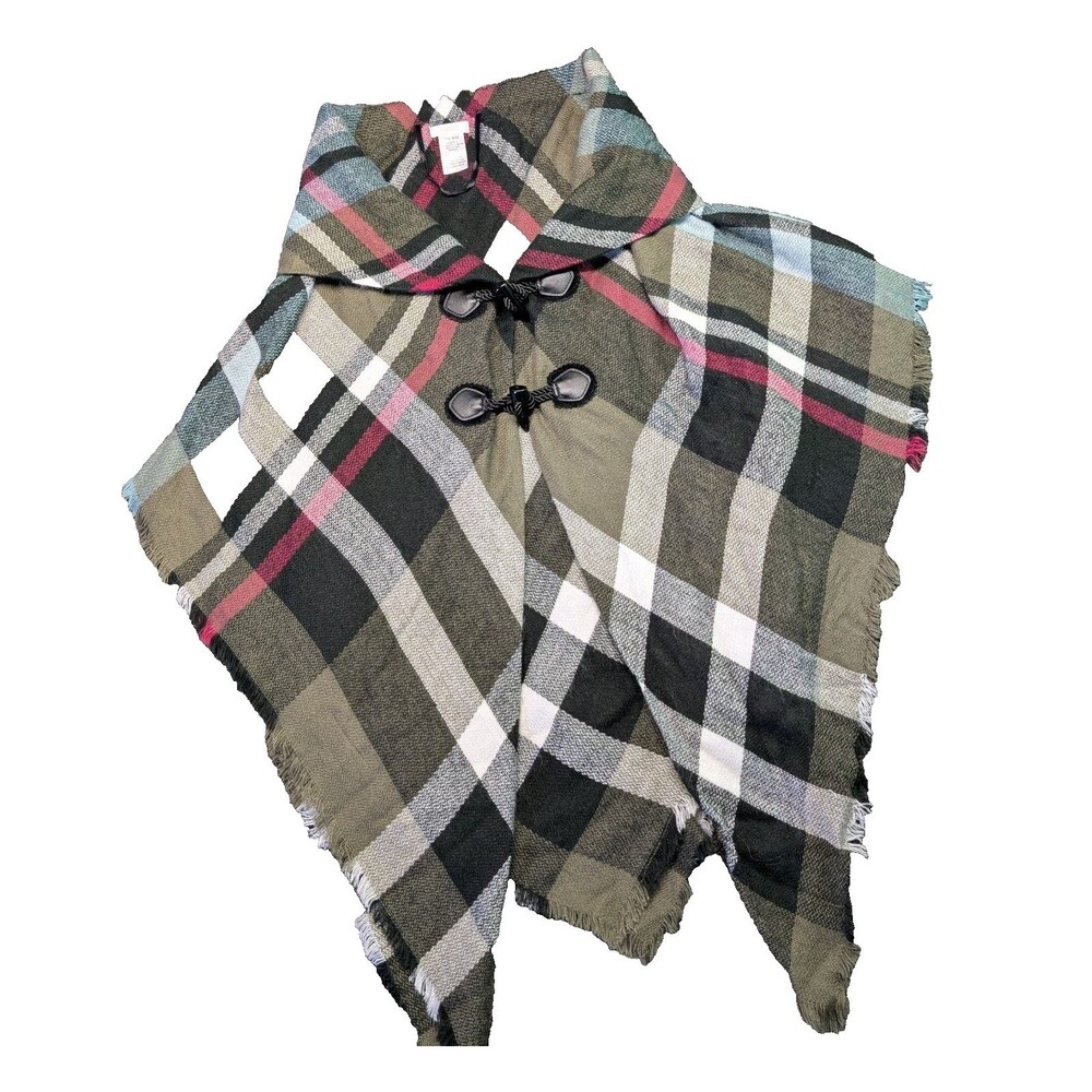 Mixit Shawl Women’s Plaid Toggle Button Poncho Blanket Wrap Cabincore